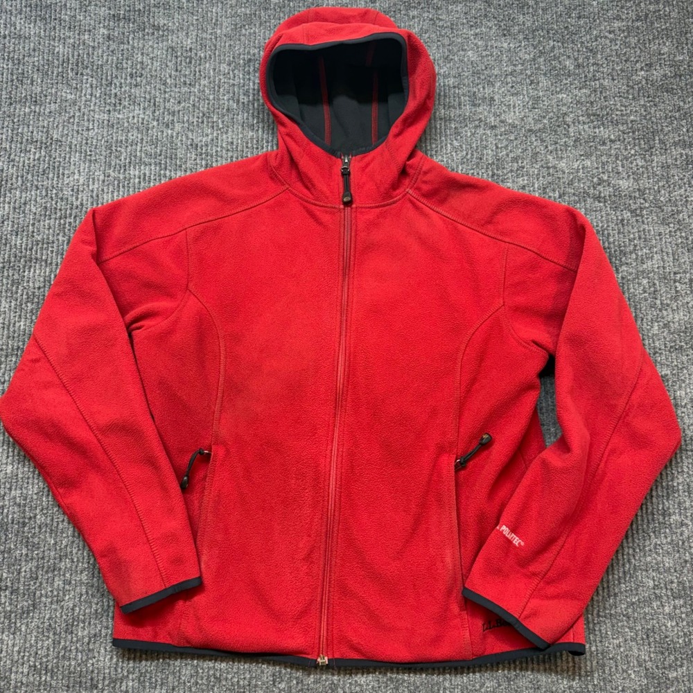 L.L.Bean Womens XL Red Fleece Jacket Polartec Hooded Zip Weather Channel